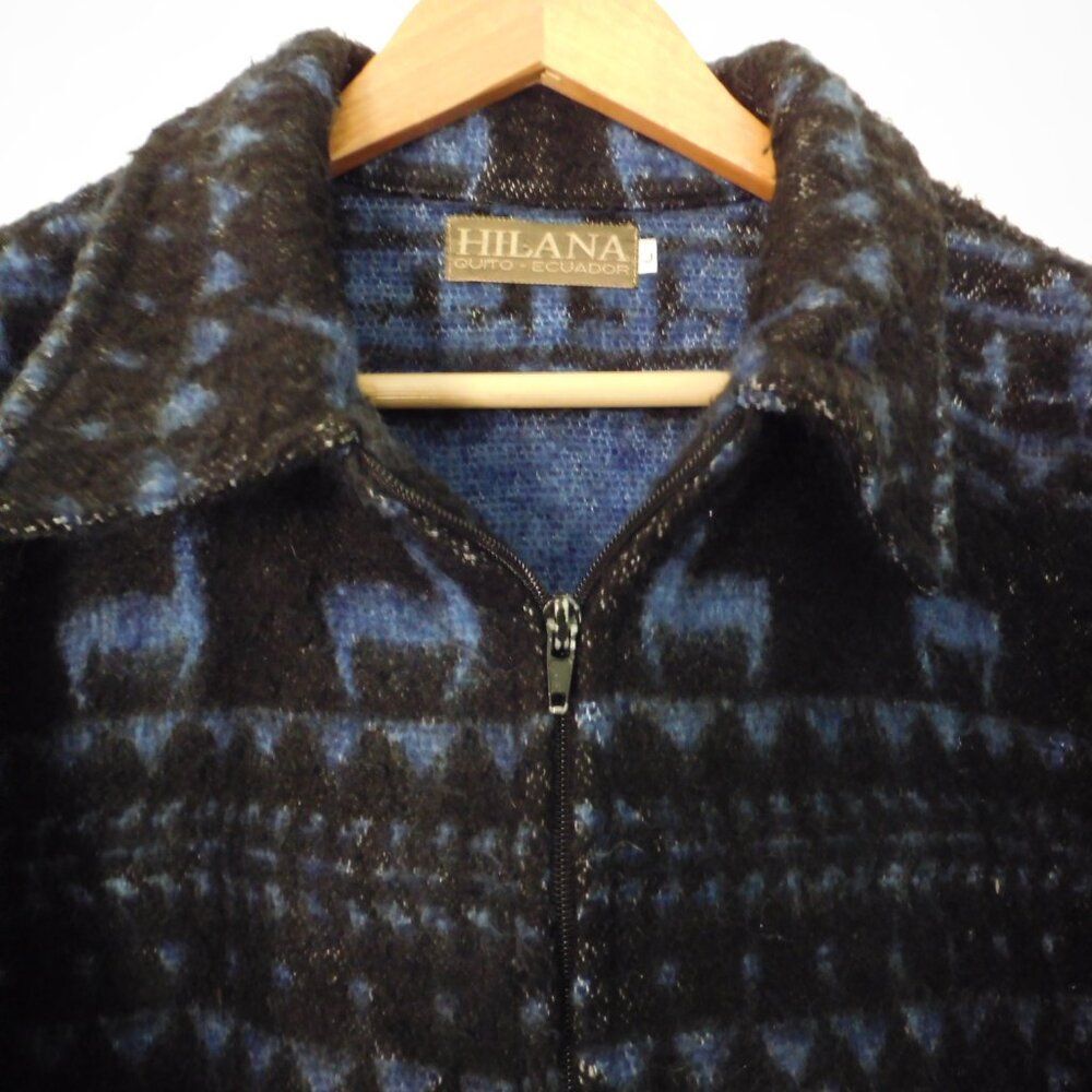 Hilana Quito Ecuador Cropped Jacket Mohair Wool Blend Lama Blue Black Large - Picture 2 of 6